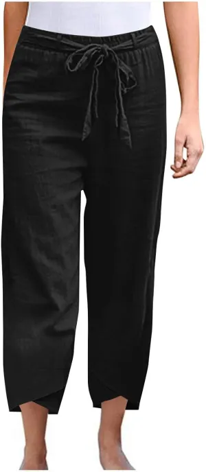 Women Cotton Linen Pant Summer 2025 Casual Capri Pants with Pocket Cropped High Waisted Drawstring Comfy Baggy Trouser