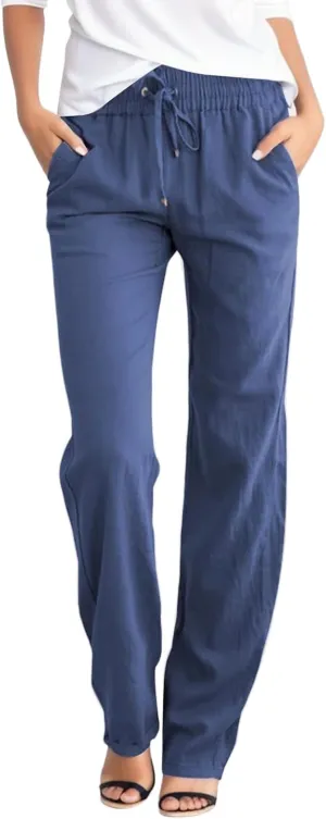 Women Cotton Linen Summer Y2K Fashion Palazzo Lounge Pants High Waist Straight Slim-Fit Trousers Vacation