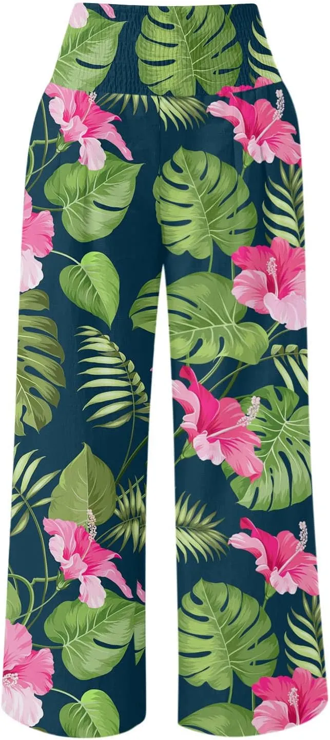 Women Drawstring Plus Size Pants 2025 Baggy Y2K Summer Stretchy Boho Beach Pants Resort Wear Beach Trendy Palazzo Trousers