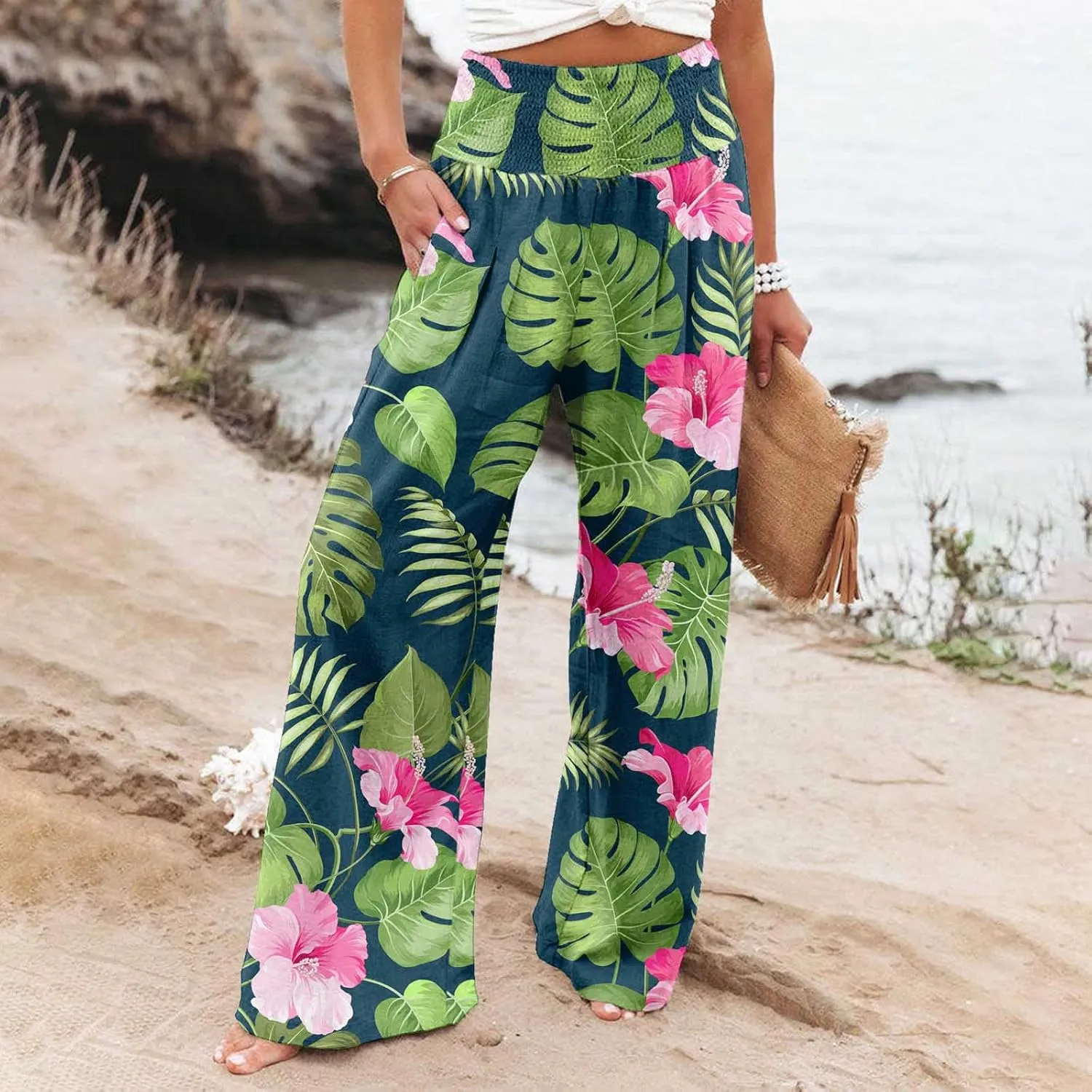 Women Drawstring Plus Size Pants 2025 Baggy Y2K Summer Stretchy Boho Beach Pants Resort Wear Beach Trendy Palazzo Trousers