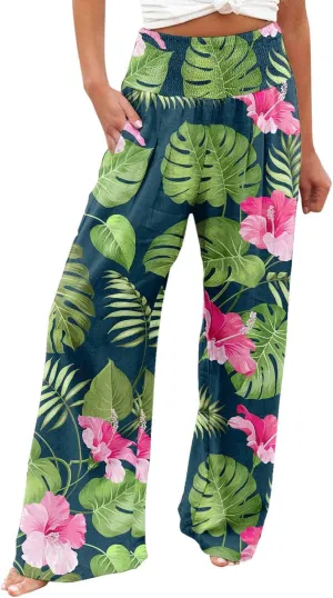 Women Drawstring Plus Size Pants 2025 Baggy Y2K Summer Stretchy Boho Beach Pants Resort Wear Beach Trendy Palazzo Trousers