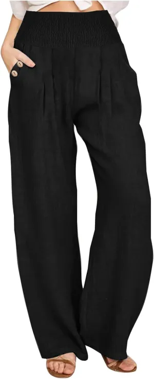 Women Dressy Casual Linen Pants 2025 Elastic Waist Drawstring Pocket Trousers Loose Straight Wide Leg Palazzo Pants