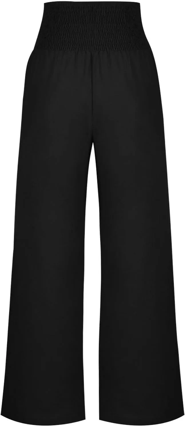Women Dressy Casual Linen Pants 2025 Elastic Waist Drawstring Pocket Trousers Loose Straight Wide Leg Palazzo Pants