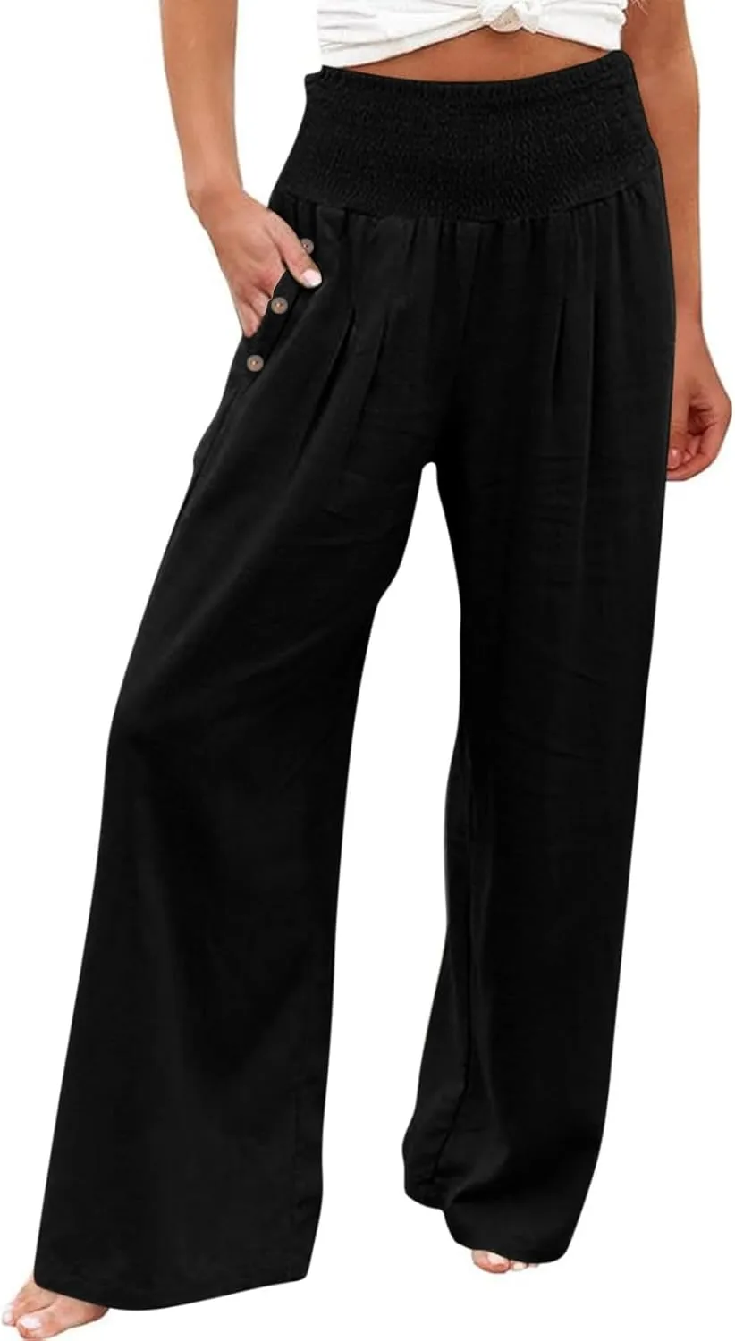 Women Dressy Casual Linen Pants 2025 Elastic Waist Drawstring Pocket Trousers Loose Straight Wide Leg Palazzo Pants
