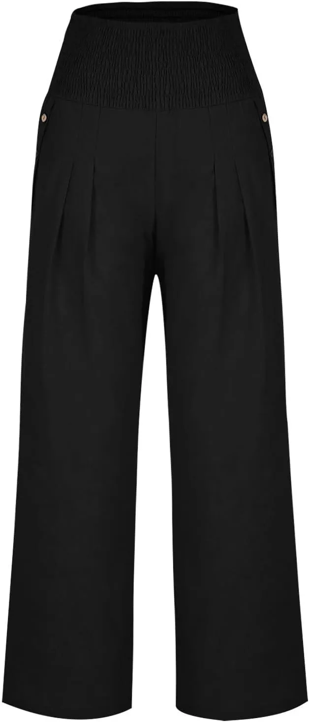 Women Dressy Casual Linen Pants 2025 Elastic Waist Drawstring Pocket Trousers Loose Straight Wide Leg Palazzo Pants