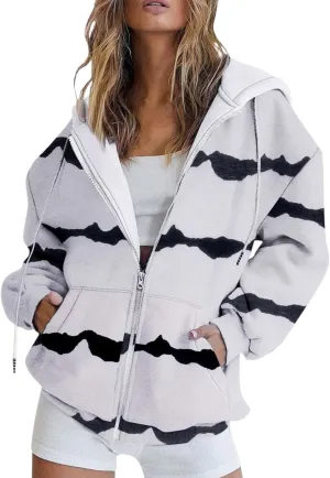 Women Full Zip Up Hoodies Long Sleeve Drawstring Oversized Coat E-Girl Harajuku Jackets Coat with Pockets
