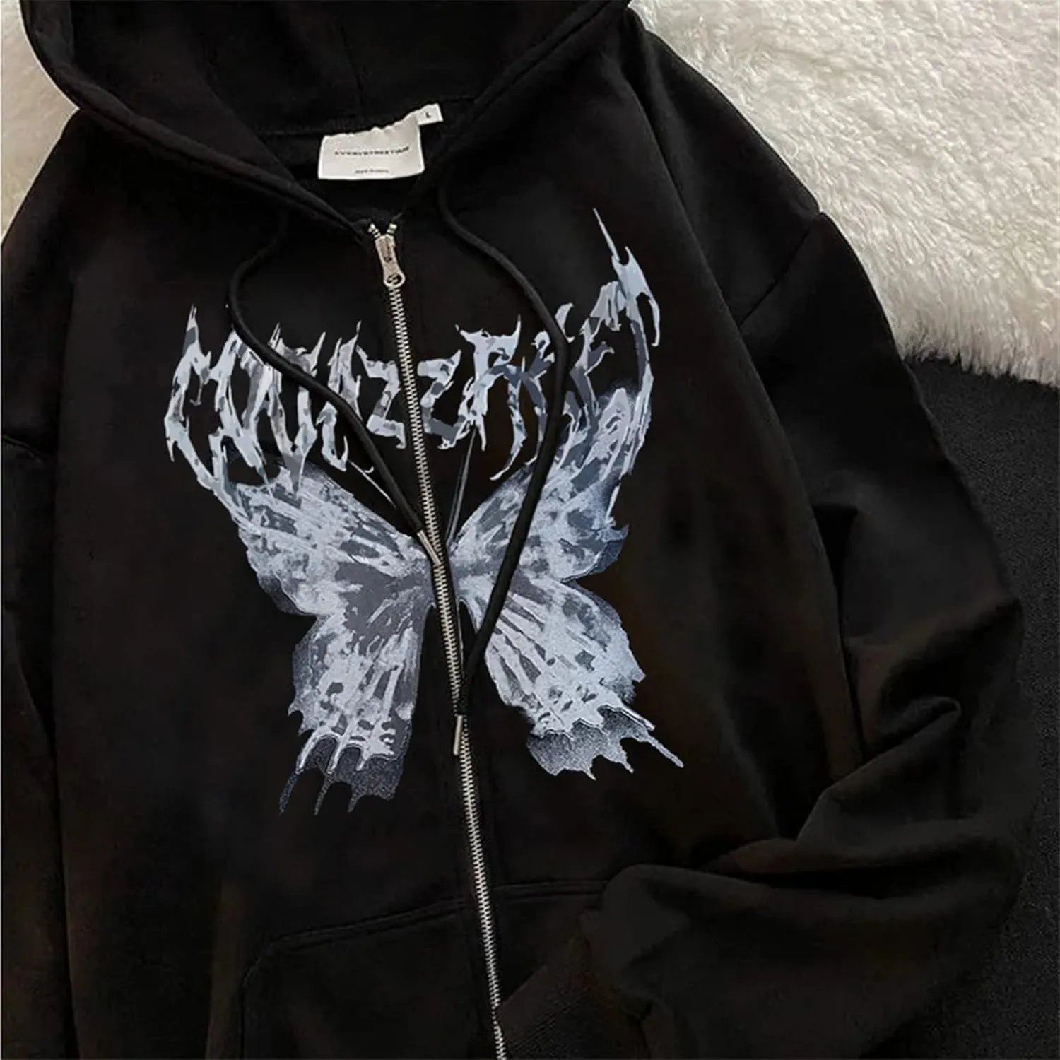 Women Grunge Zip Up Hoodies Gothic Punk Long Sleeve Printed Hooded Jackets Y2k 90s Streetwear Oversized Sweatshirts