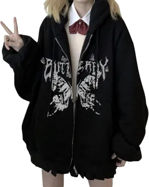 Women Grunge Zip Up Hoodies Gothic Punk Long Sleeve Printed Hooded Jackets Y2k 90s Streetwear Oversized Sweatshirts