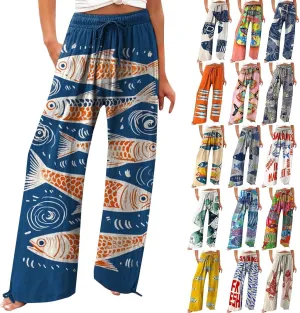 Women High Waisted Cotton Linen Palazzo Pants Dog Fish Graphic Wide Leg Long Lounge Pant Trousers with Pocket