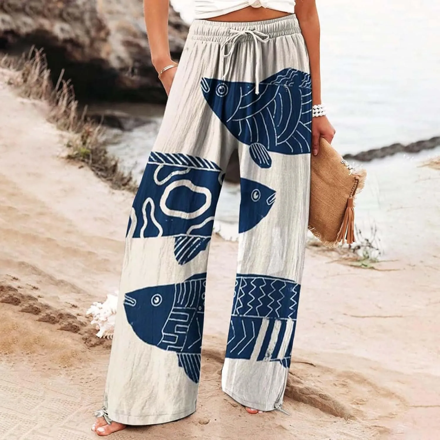 Women High Waisted Cotton Linen Palazzo Pants Dog Fish Graphic Wide Leg Long Lounge Pant Trousers with Pocket