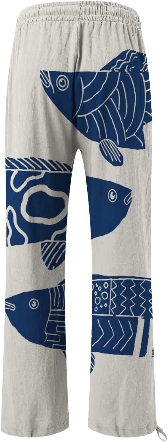 Women High Waisted Cotton Linen Palazzo Pants Dog Fish Graphic Wide Leg Long Lounge Pant Trousers with Pocket