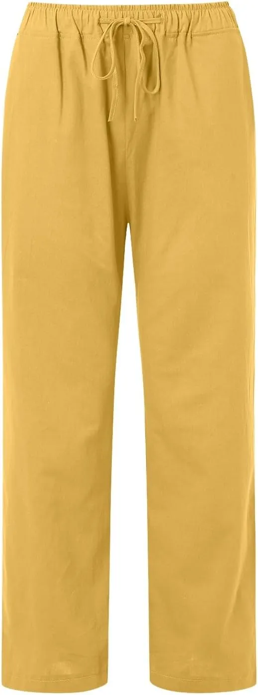 Women Linen Blend Summer Casual Flowy Pants Elastic Waist Wide Leg Loose Fit Trousers Vacation