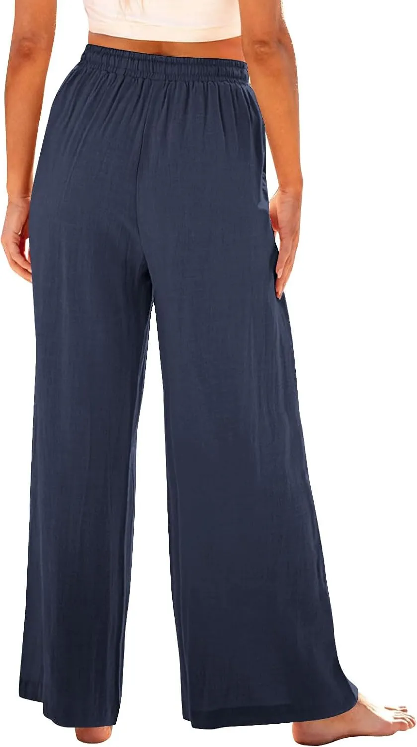 Women Linen Palazzo Pants Summer Boho Beach Pants Casual Wide Leg High Waist Lounge Pant Vacation Trousers with Pocket