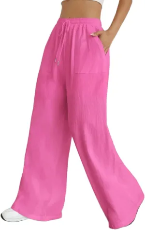 Women Linen Palazzo Pants Wide Leg High Waist Pant Summer Loose Casual Drawstring Pant Going Out Trousers with Pocket