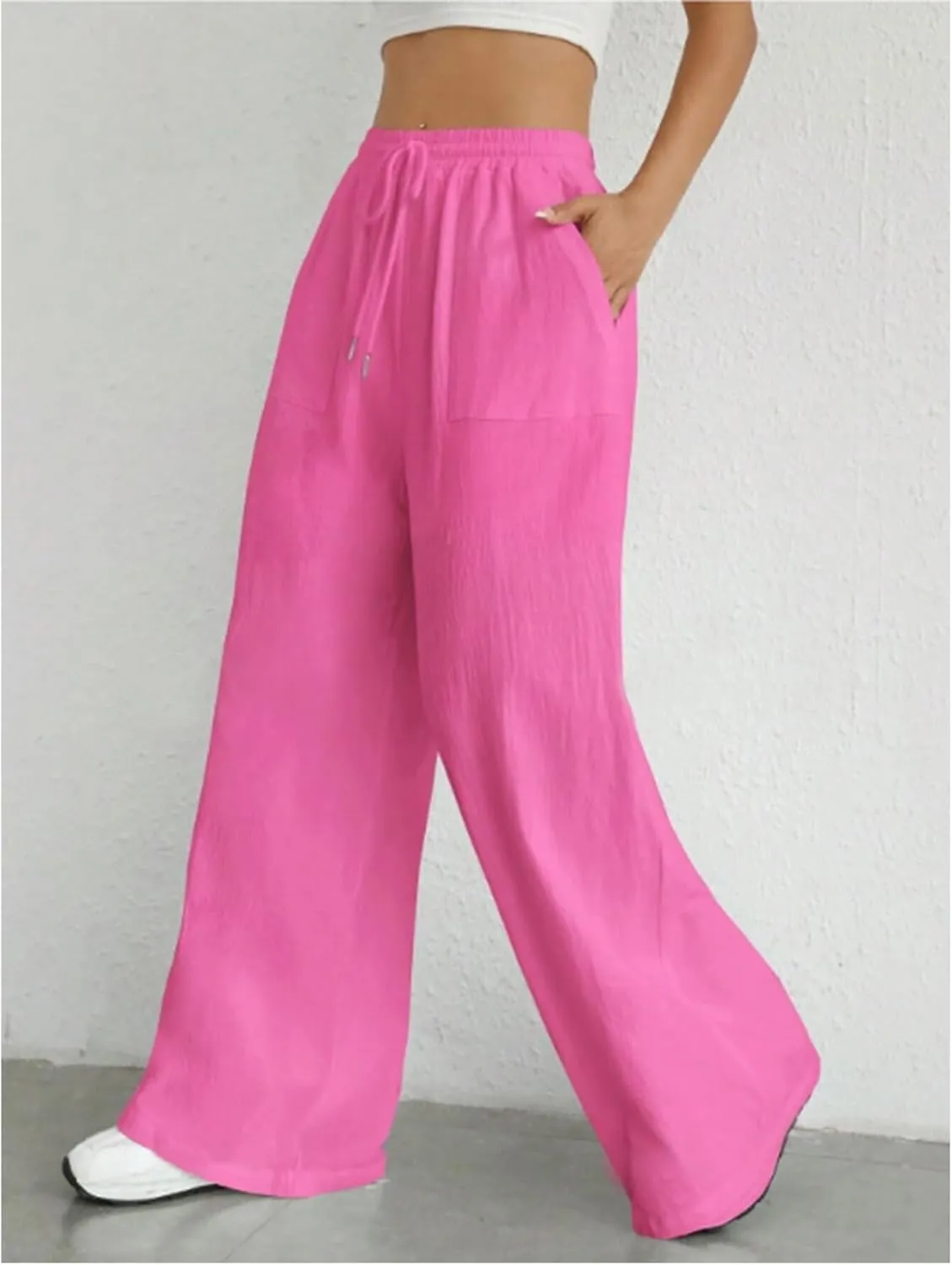 Women Linen Palazzo Pants Wide Leg High Waist Pant Summer Loose Casual Drawstring Pant Going Out Trousers with Pocket