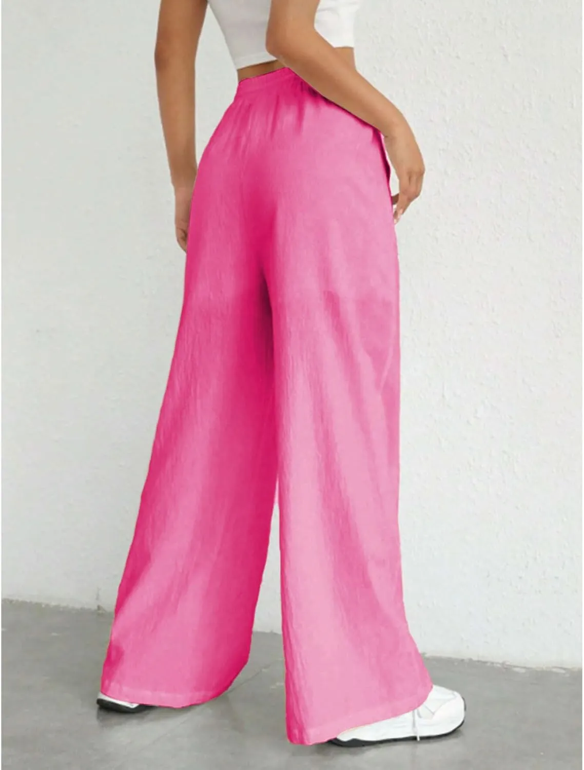Women Linen Palazzo Pants Wide Leg High Waist Pant Summer Loose Casual Drawstring Pant Going Out Trousers with Pocket