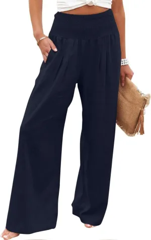 Women Linen Pants 2024 Summer Vacation Casual High Waist Wide Leg Straight Pant Trouser Resort Wear Beach Palazzo Pant