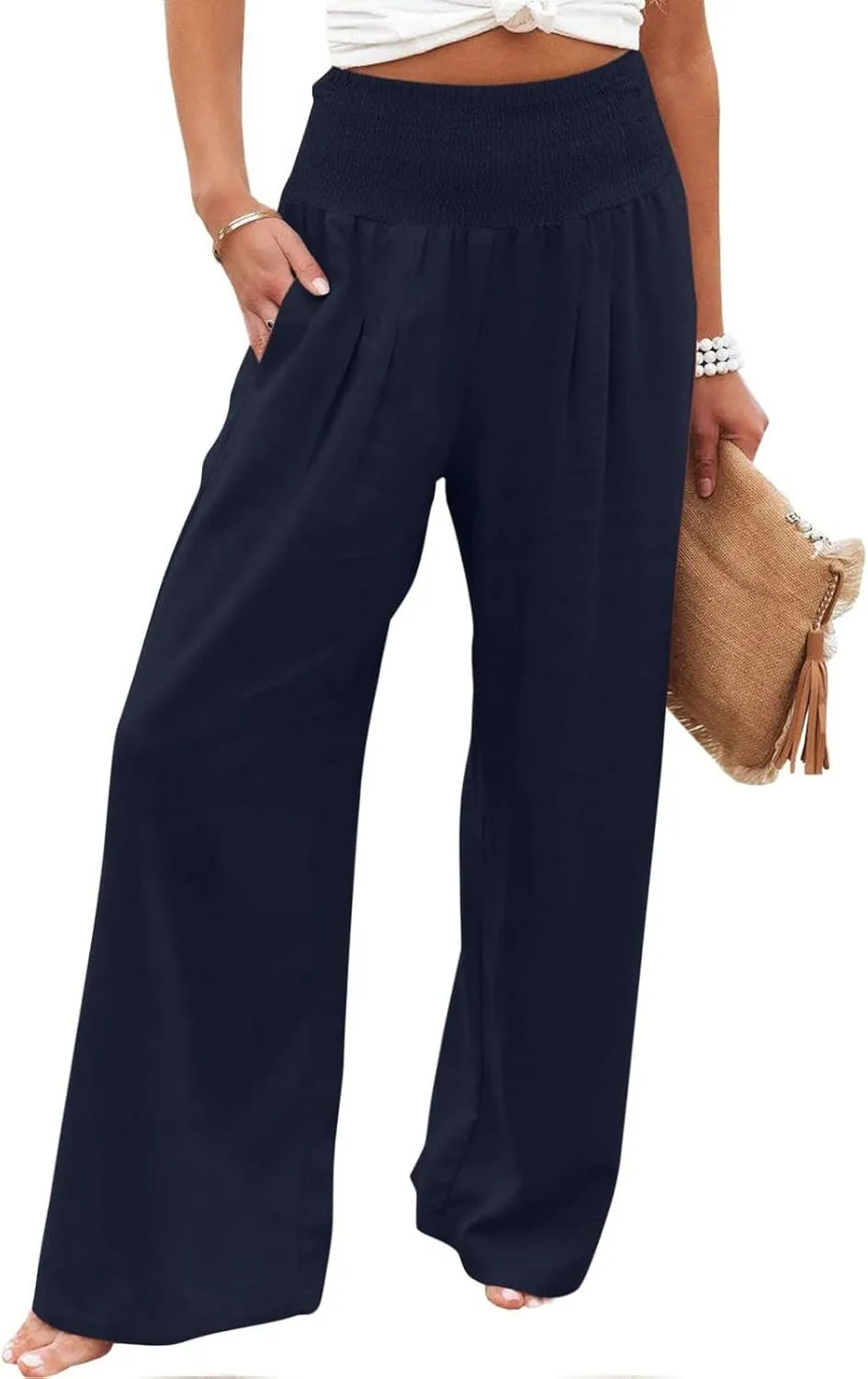 Women Linen Pants 2024 Summer Vacation Casual High Waist Wide Leg Straight Pant Trouser Resort Wear Beach Palazzo Pant