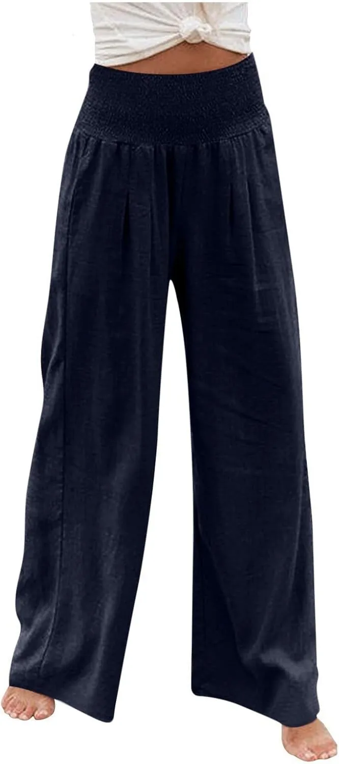 Women Linen Pants 2024 Summer Vacation Casual High Waist Wide Leg Straight Pant Trouser Resort Wear Beach Palazzo Pant