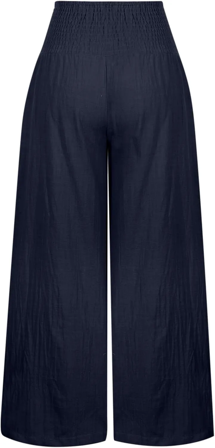 Women Linen Pants 2024 Summer Vacation Casual High Waist Wide Leg Straight Pant Trouser Resort Wear Beach Palazzo Pant