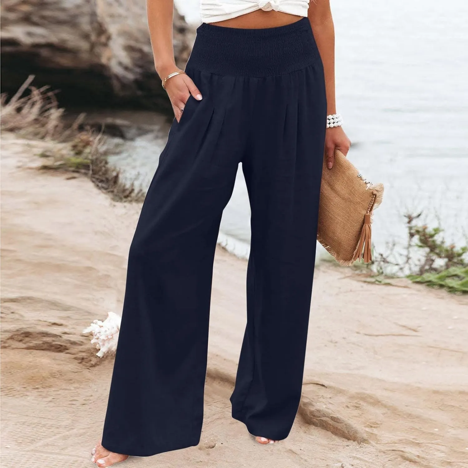 Women Linen Pants 2024 Summer Vacation Casual High Waist Wide Leg Straight Pant Trouser Resort Wear Beach Palazzo Pant