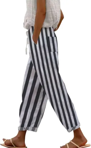 Women Linen Pants, Cotton Palazzo Pants for Women, Capri Elastic Waist Straight Leg Trousers Casual Loose Summer Lounge Long Trousers Pantalones De Playa Mujer Yellow Small