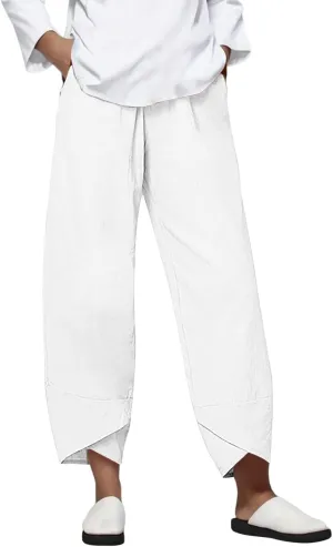 Women Linen Pants Summer Boho Wide Leg High Waist Pants Drawstring Loose Fit Women's Cotton Linen Leggings with Pockets