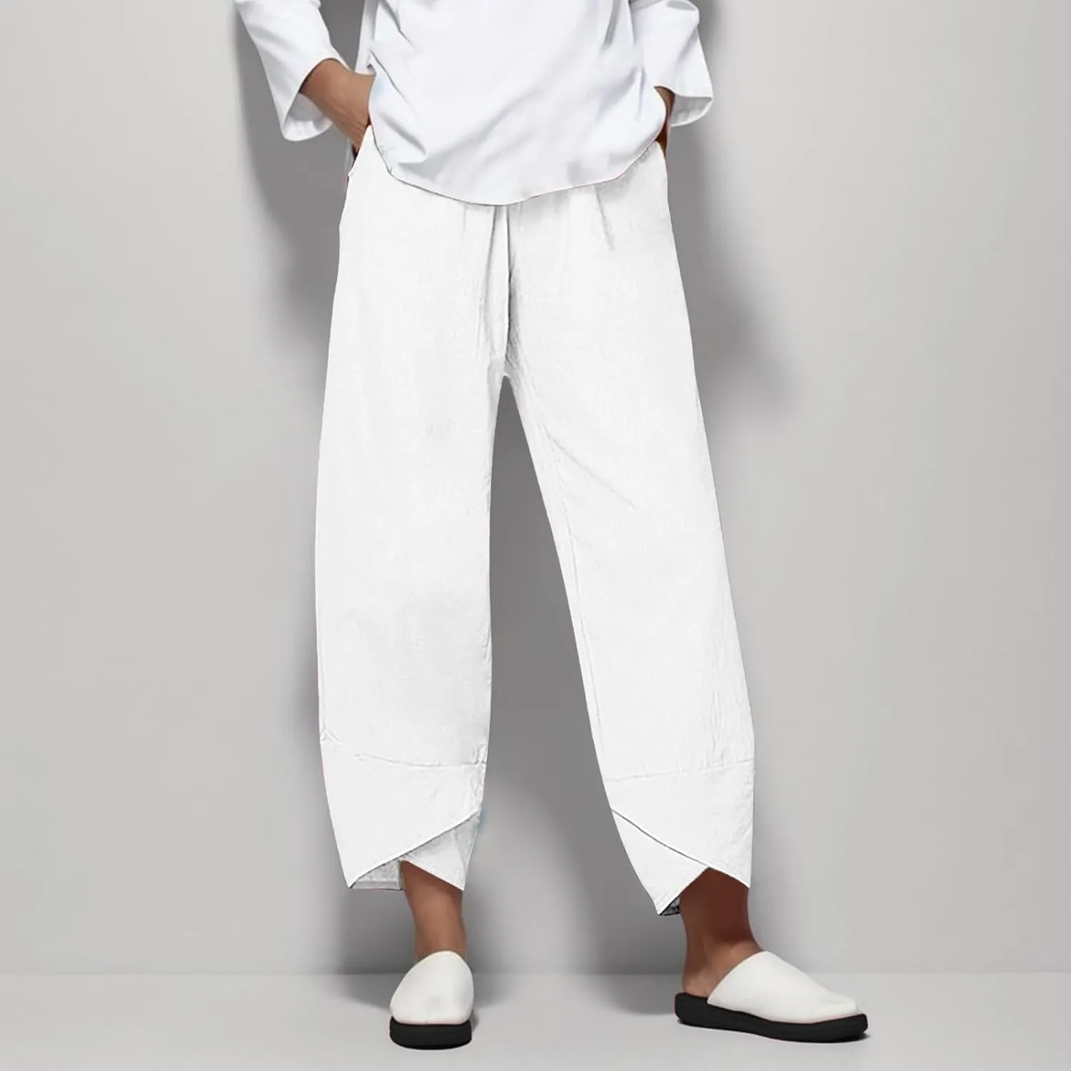 Women Linen Pants Summer Boho Wide Leg High Waist Pants Drawstring Loose Fit Women's Cotton Linen Leggings with Pockets
