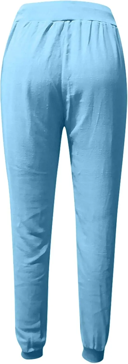 Women Linen Pants Summer Wide Leg Pants Lightweight Casual Palazzo Trouser with Pockets Baggy Solid Color Trousers