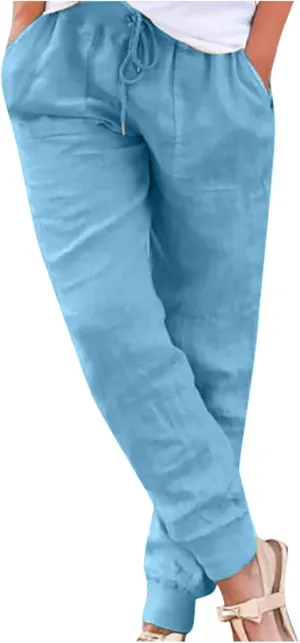 Women Linen Pants Summer Wide Leg Pants Lightweight Casual Palazzo Trouser with Pockets Baggy Solid Color Trousers