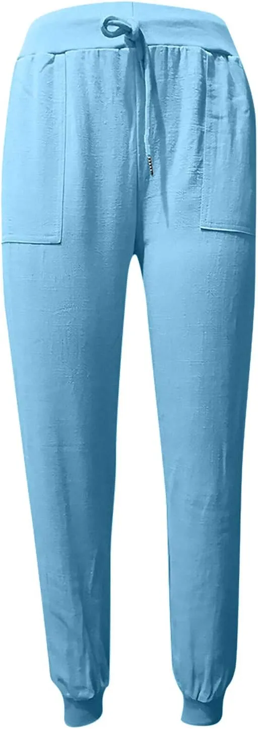 Women Linen Pants Summer Wide Leg Pants Lightweight Casual Palazzo Trouser with Pockets Baggy Solid Color Trousers