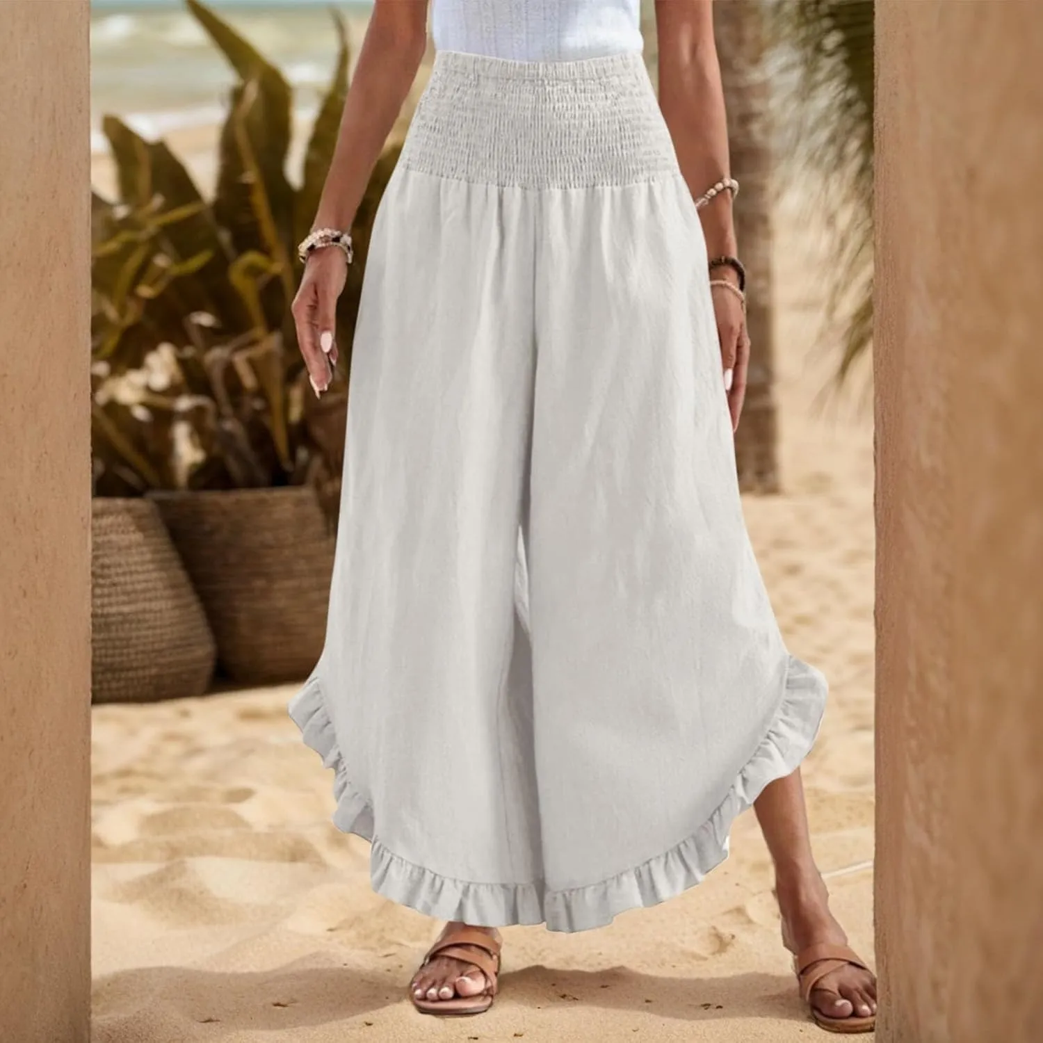 Women Linen Pants Summer Wide Leg Pants Smocked Waist Ruffle Palazzo Pant Flowy Beach Vacation Trouser with Pockets