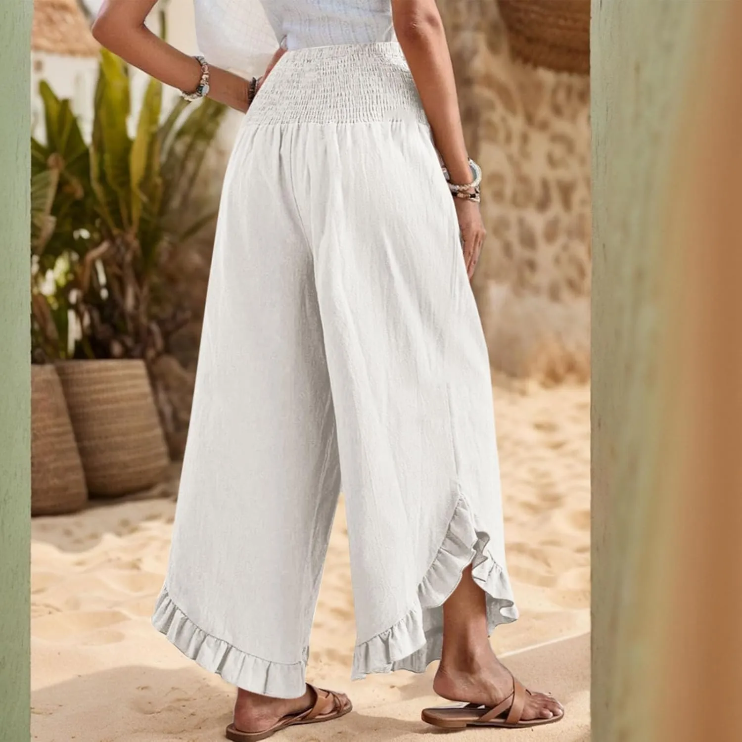 Women Linen Pants Summer Wide Leg Pants Smocked Waist Ruffle Palazzo Pant Flowy Beach Vacation Trouser with Pockets