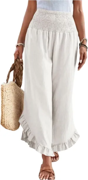 Women Linen Pants Summer Wide Leg Pants Smocked Waist Ruffle Palazzo Pant Flowy Beach Vacation Trouser with Pockets