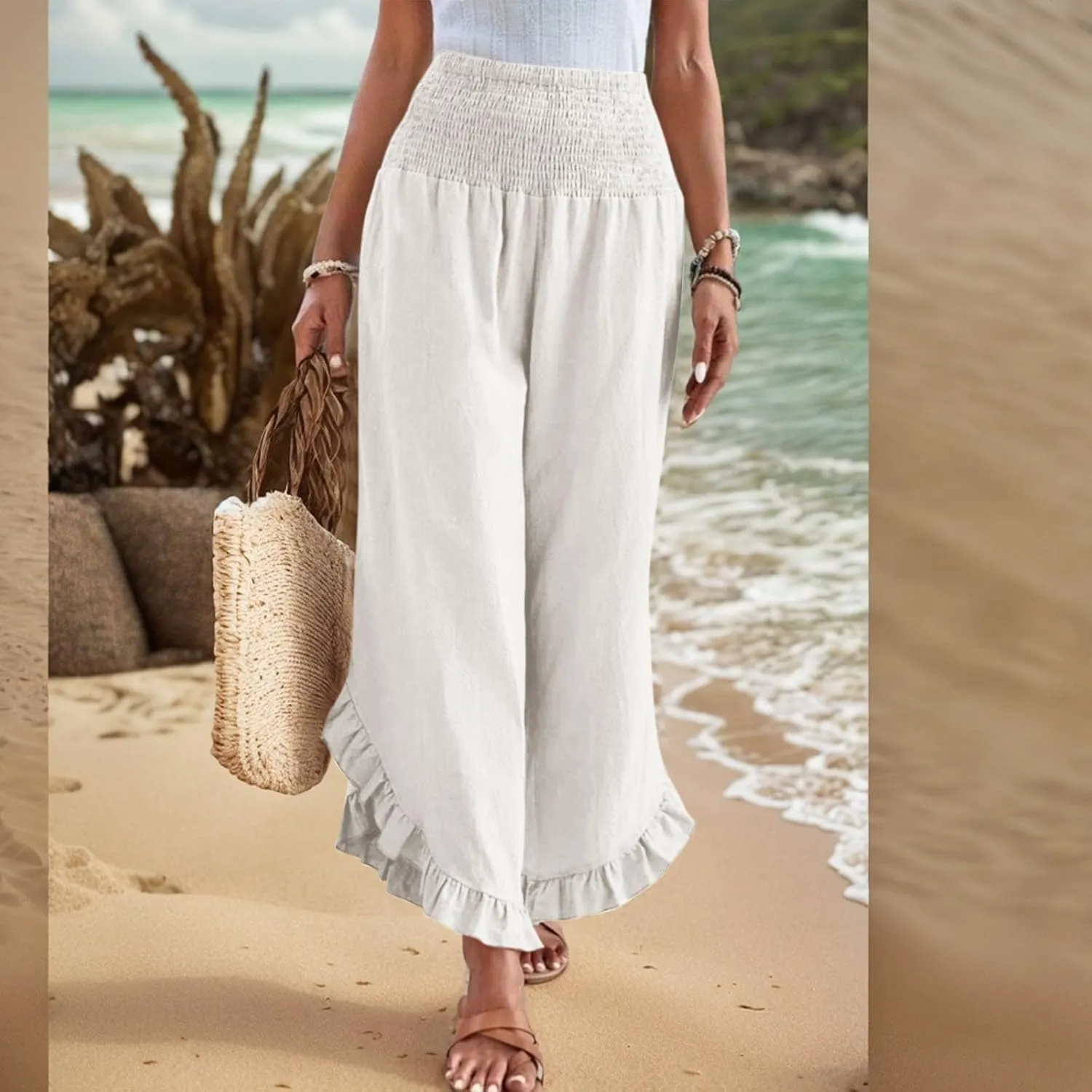 Women Linen Pants Summer Wide Leg Pants Smocked Waist Ruffle Palazzo Pant Flowy Beach Vacation Trouser with Pockets