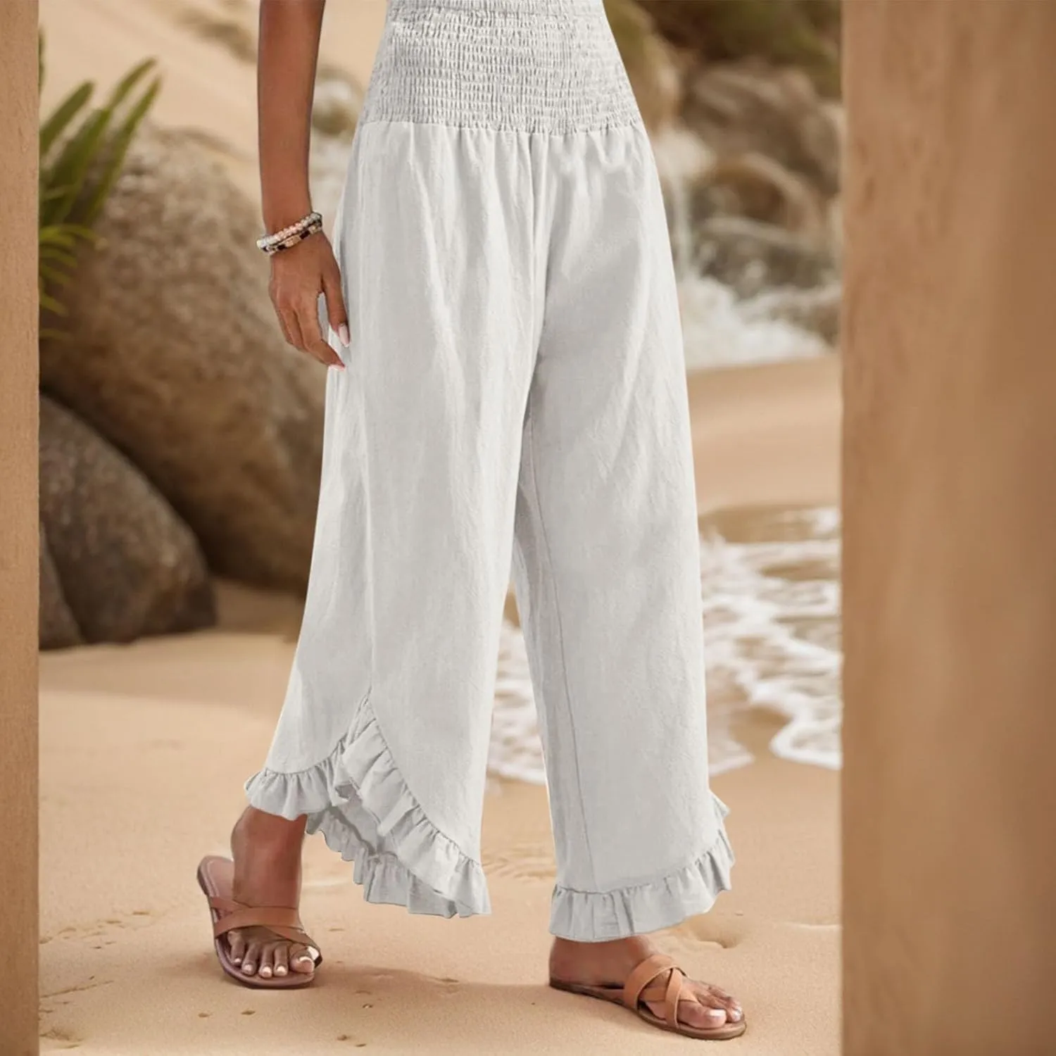 Women Linen Pants Summer Wide Leg Pants Smocked Waist Ruffle Palazzo Pant Flowy Beach Vacation Trouser with Pockets
