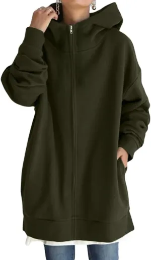 Women Loose Hoodie Fall Oversized Fashion Sweatshirts Long Sleeve Zip Up Hooded Jacket Coat with Pockets