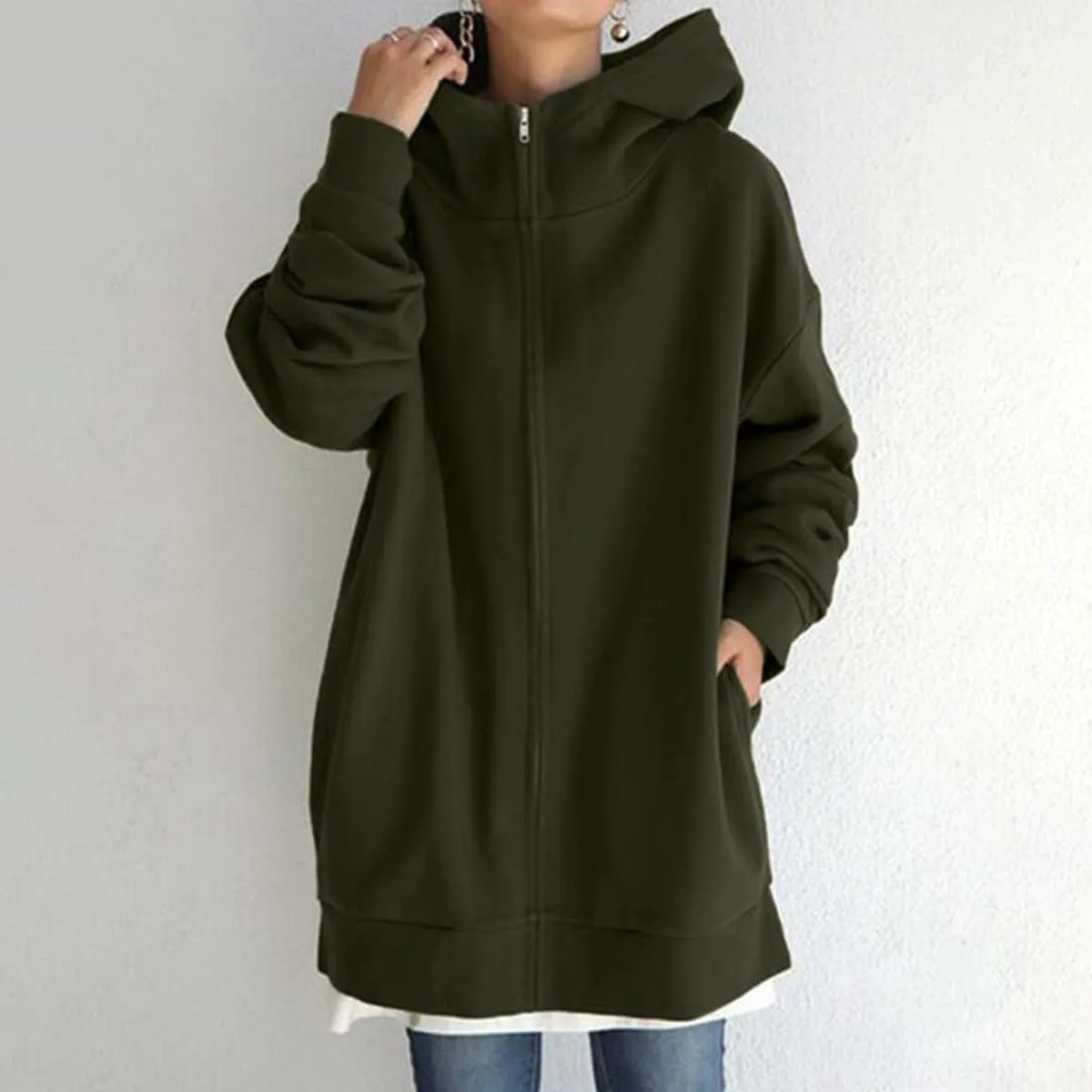 Women Loose Hoodie Fall Oversized Fashion Sweatshirts Long Sleeve Zip Up Hooded Jacket Coat with Pockets