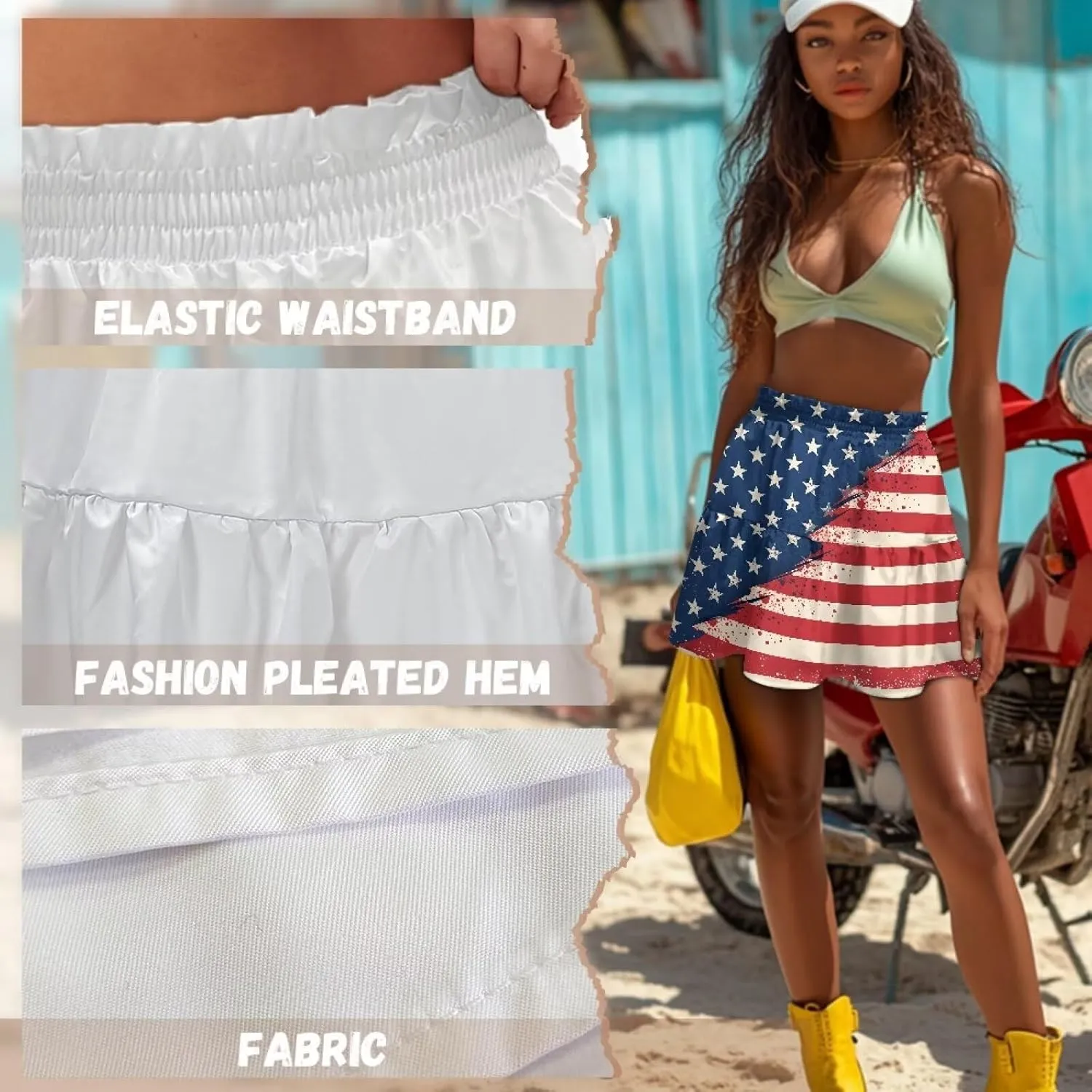 Women Pleated Flowy Skirt A-Line Printed Sexy Mini Skirts for Vacation Travel Parties Dance