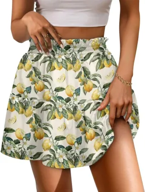Women Pleated Flowy Skirt A-Line Printed Sexy Mini Skirts for Vacation Travel Parties Dance