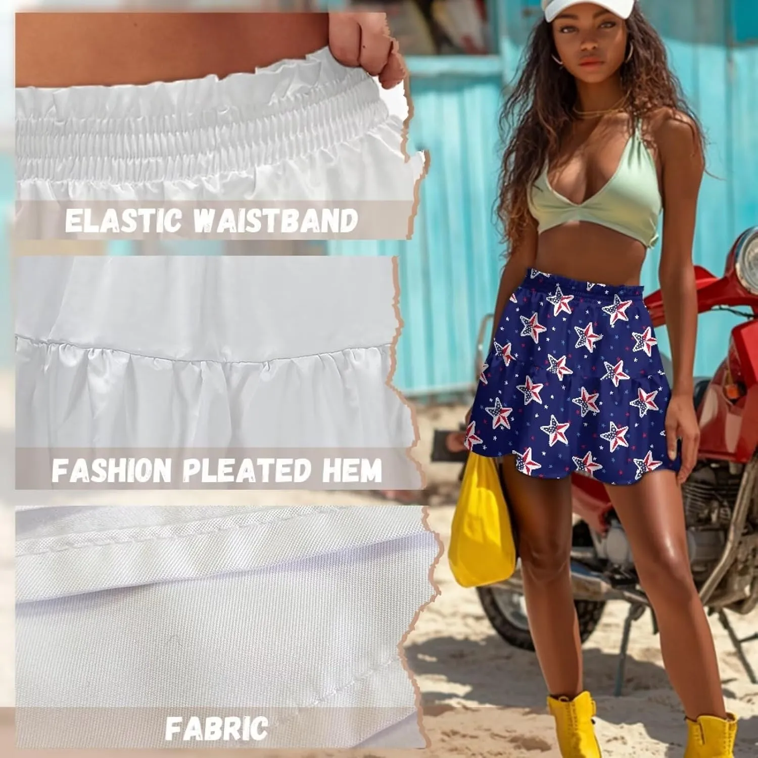 Women Pleated Flowy Skirt A-Line Printed Sexy Mini Skirts for Vacation Travel Parties Dance
