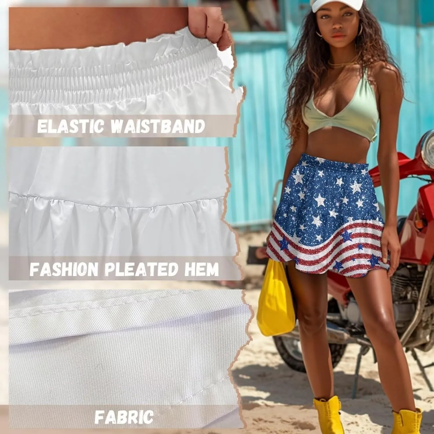 Women Pleated Flowy Skirt A-Line Printed Sexy Mini Skirts for Vacation Travel Parties Dance