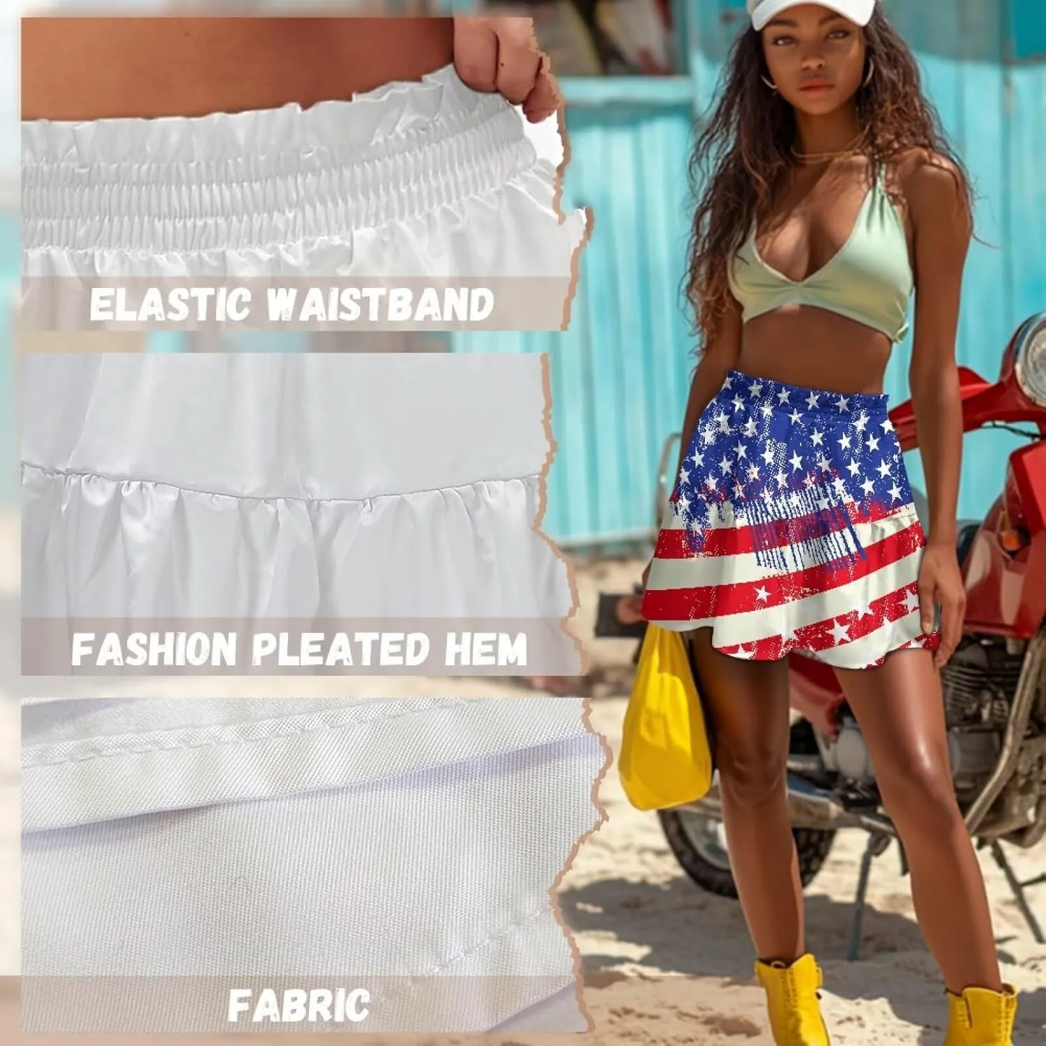 Women Pleated Flowy Skirt A-Line Printed Sexy Mini Skirts for Vacation Travel Parties Dance