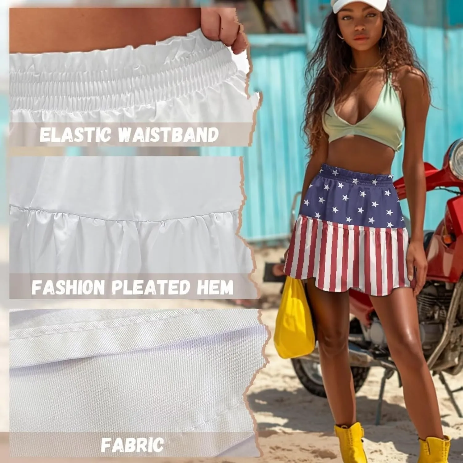 Women Pleated Flowy Skirt A-Line Printed Sexy Mini Skirts for Vacation Travel Parties Dance
