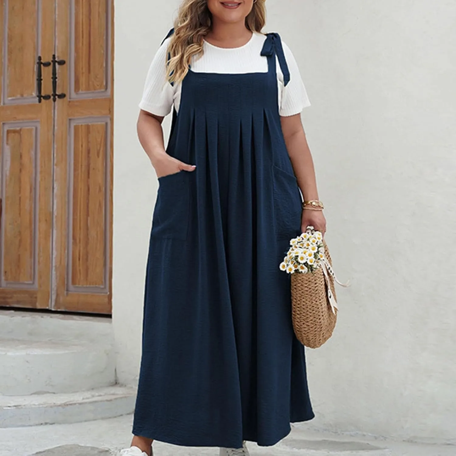 Women Plus Size Cami Slip Dress Pleated Loose Fit Dress Summer Midi Long Dress Casual Everyday Comfy Funny Dress