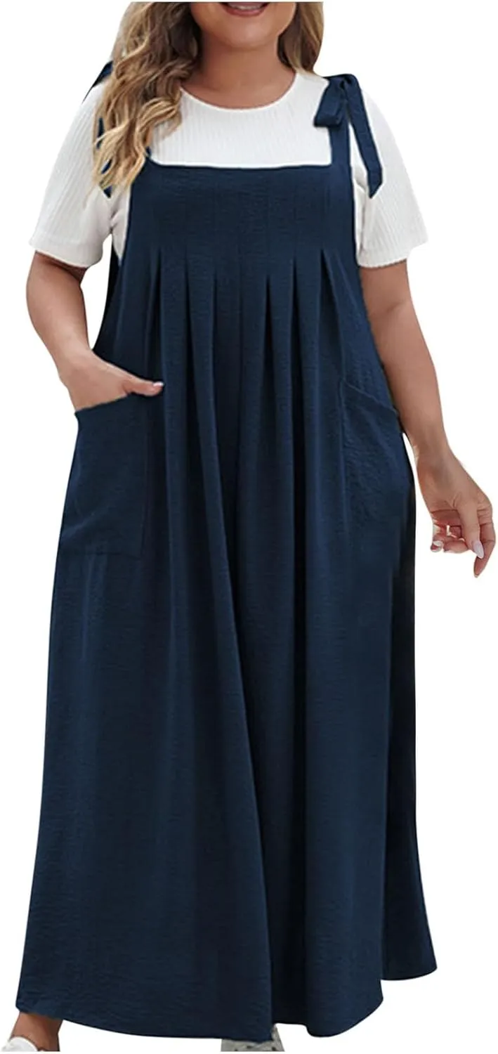 Women Plus Size Cami Slip Dress Pleated Loose Fit Dress Summer Midi Long Dress Casual Everyday Comfy Funny Dress