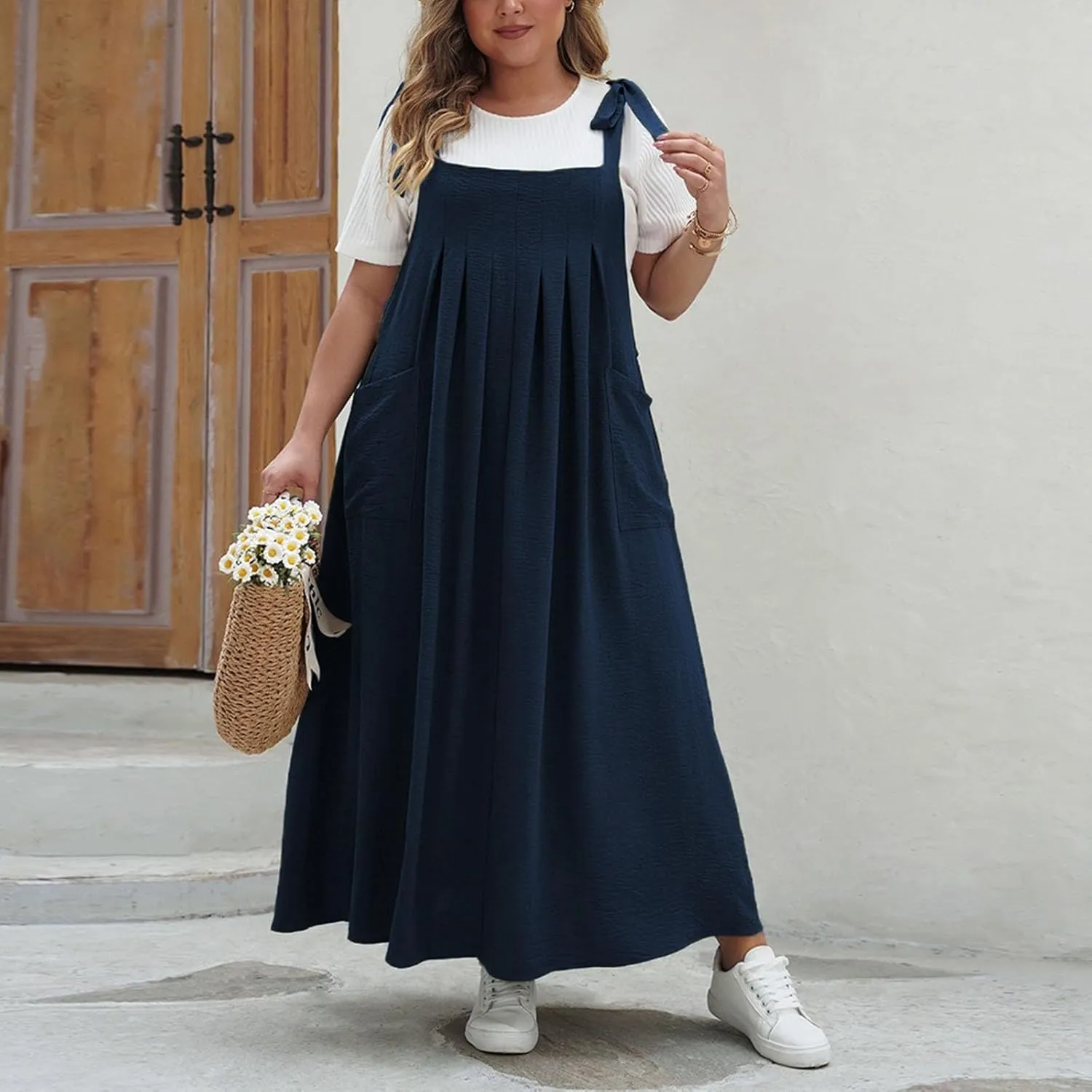 Women Plus Size Cami Slip Dress Pleated Loose Fit Dress Summer Midi Long Dress Casual Everyday Comfy Funny Dress