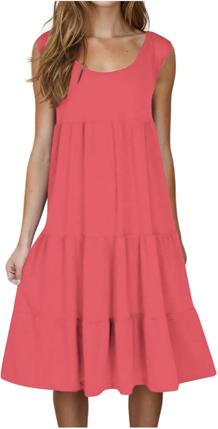Women Plus Size Summer Dresses Loose Fit Crew Neck Sleeveless Sundress Cute Peplum Tired Beach Vacation Midi Dress