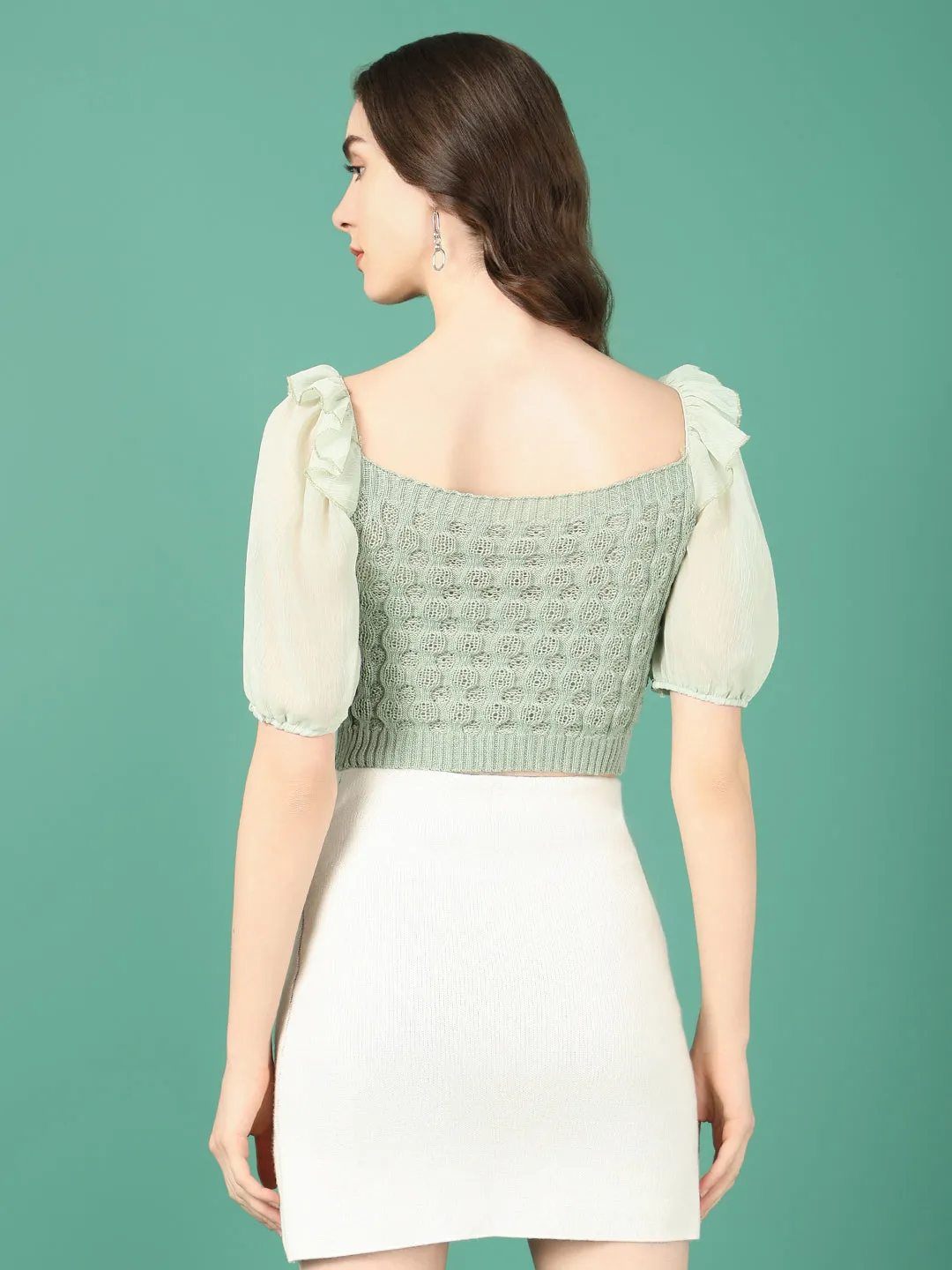 Women Sea Green Puff Sleeve Crochet Blouson Crop Top