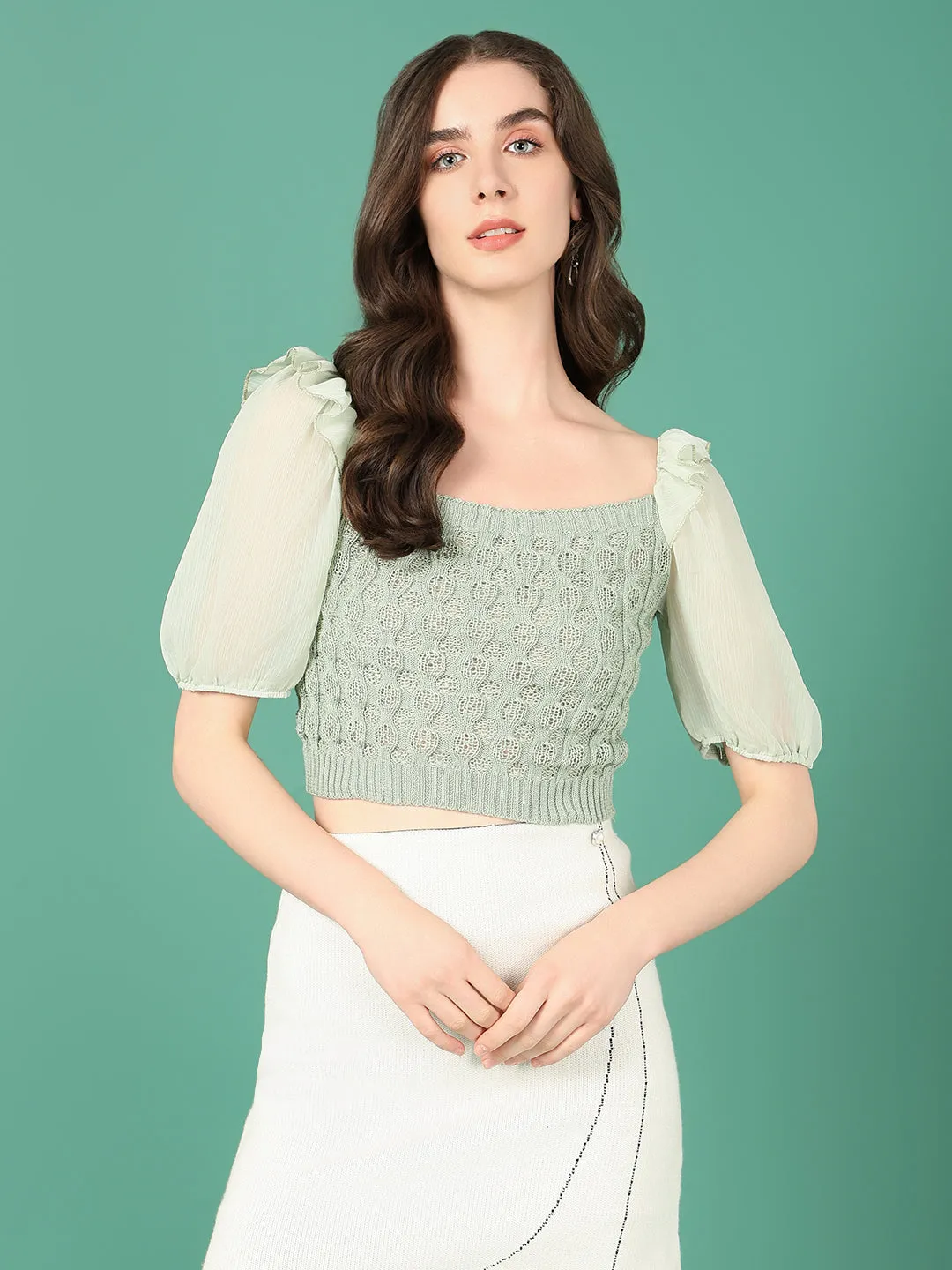 Women Sea Green Puff Sleeve Crochet Blouson Crop Top